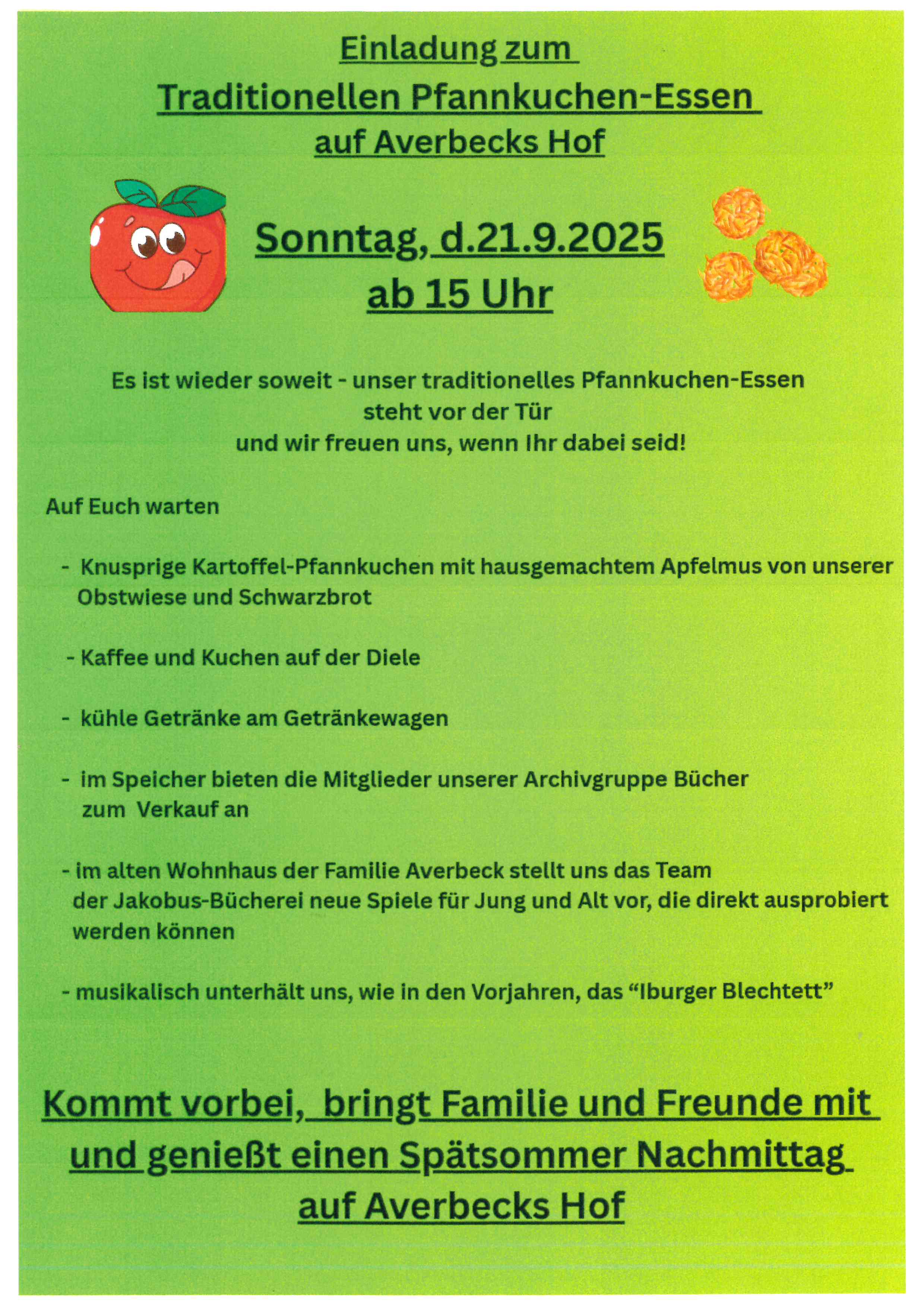 Grünes Plakat mit Apfel und Pfannkuchen